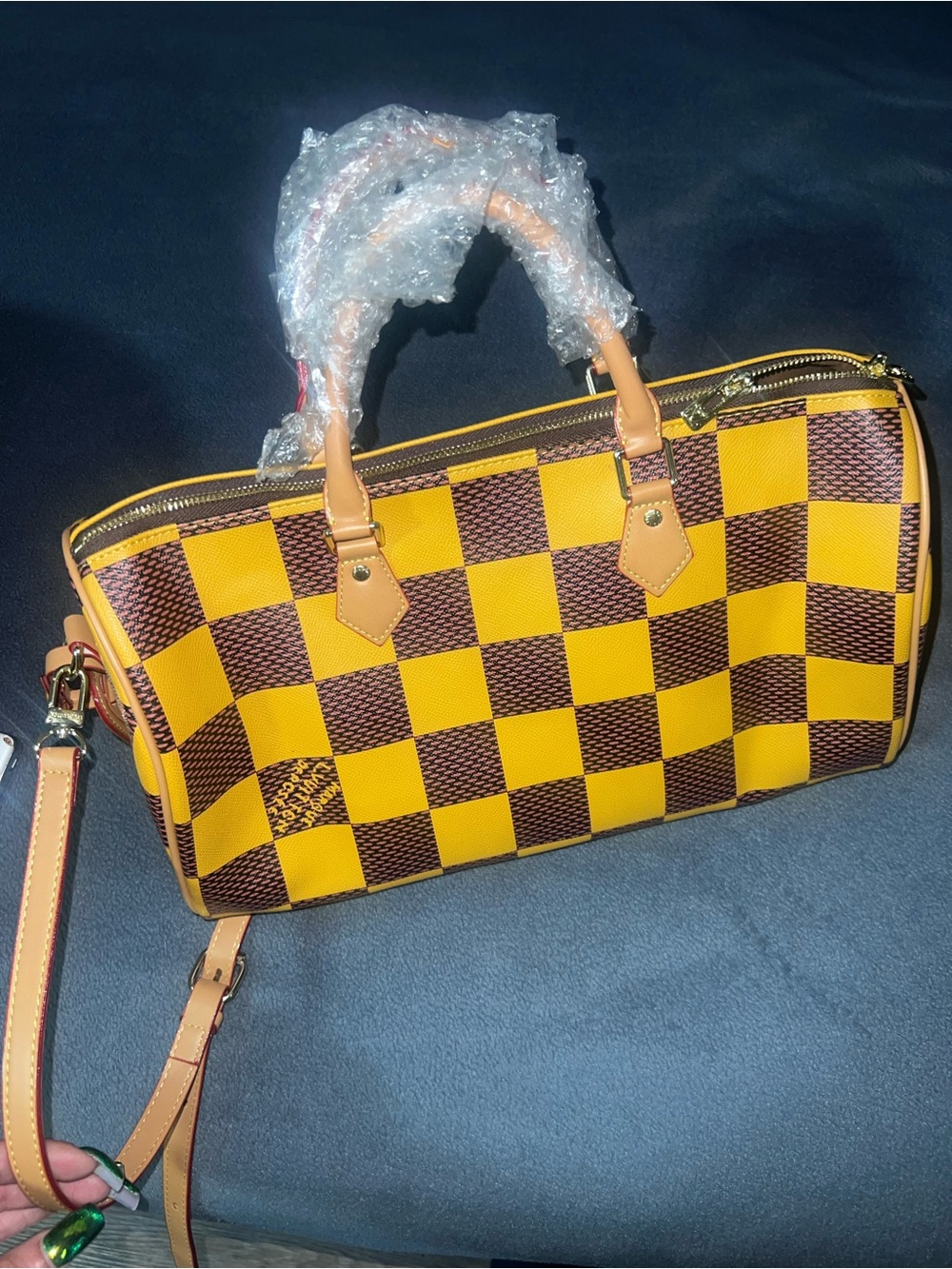 Yellow & Brown Checkered Women's Satchel Handbag
